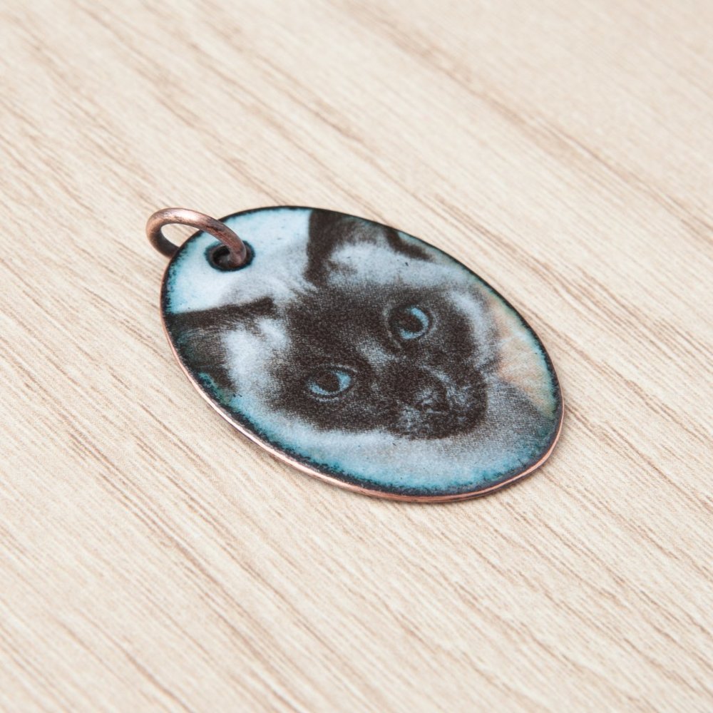 Handmade Copper Enamel Siamese Kitty Cat Pendant Handcrafted Jewelry 1.375" x 1" - Picture 6 of 7